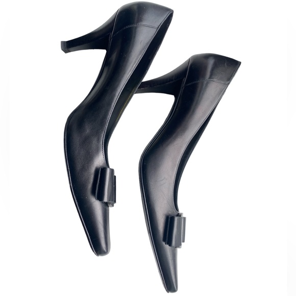 Salvatore Ferragamo Bow Leather Black Womens High Heels Pumps 8.5 8 1/2 9.5 toe - Picture 9 of 10